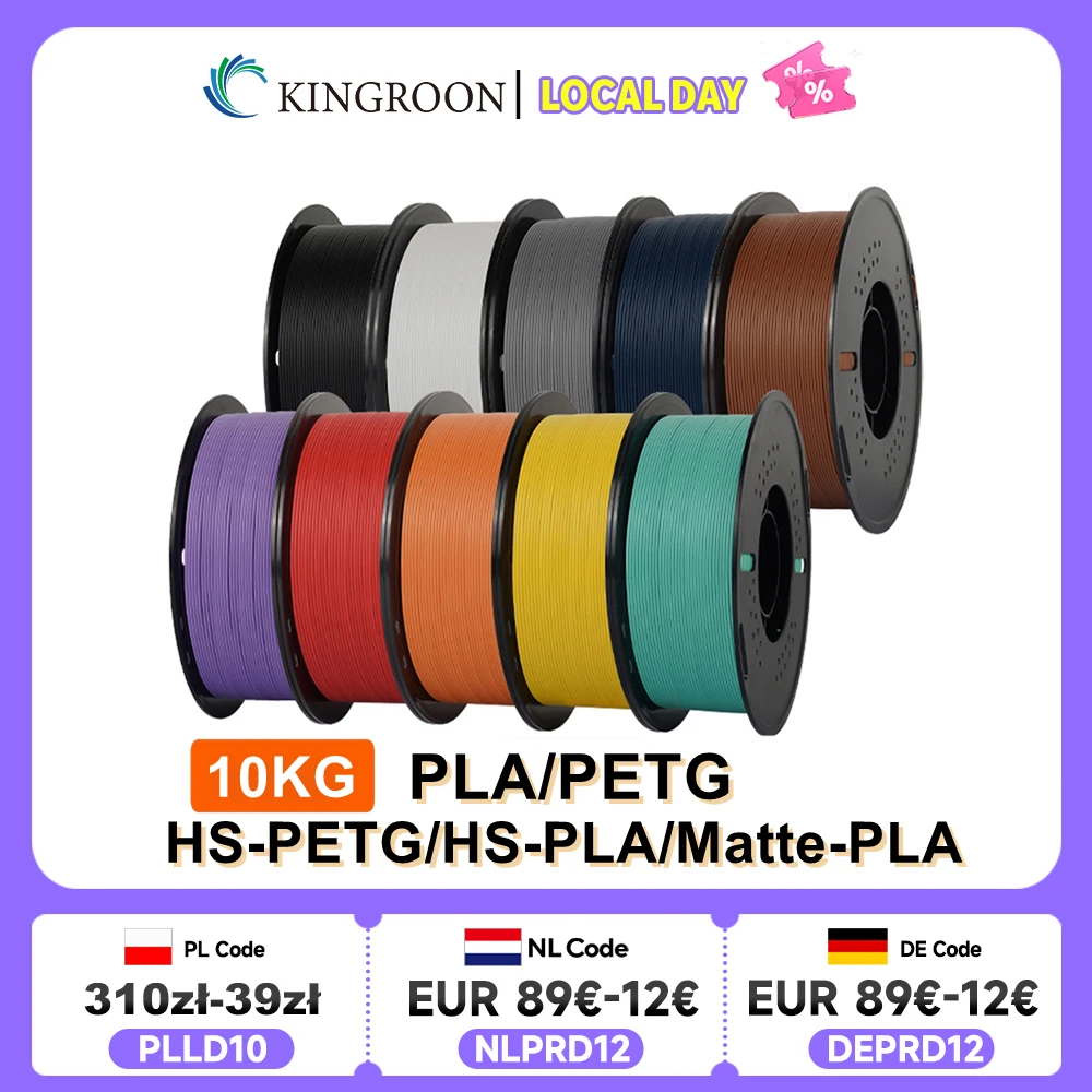 KINGROON 10KG(22LBS) PLA PETG HS-PLA HS-PETG Filament 1.75mm High Speed 3D Printer Material Matte PLA 1kg*10 Roll Mix Color