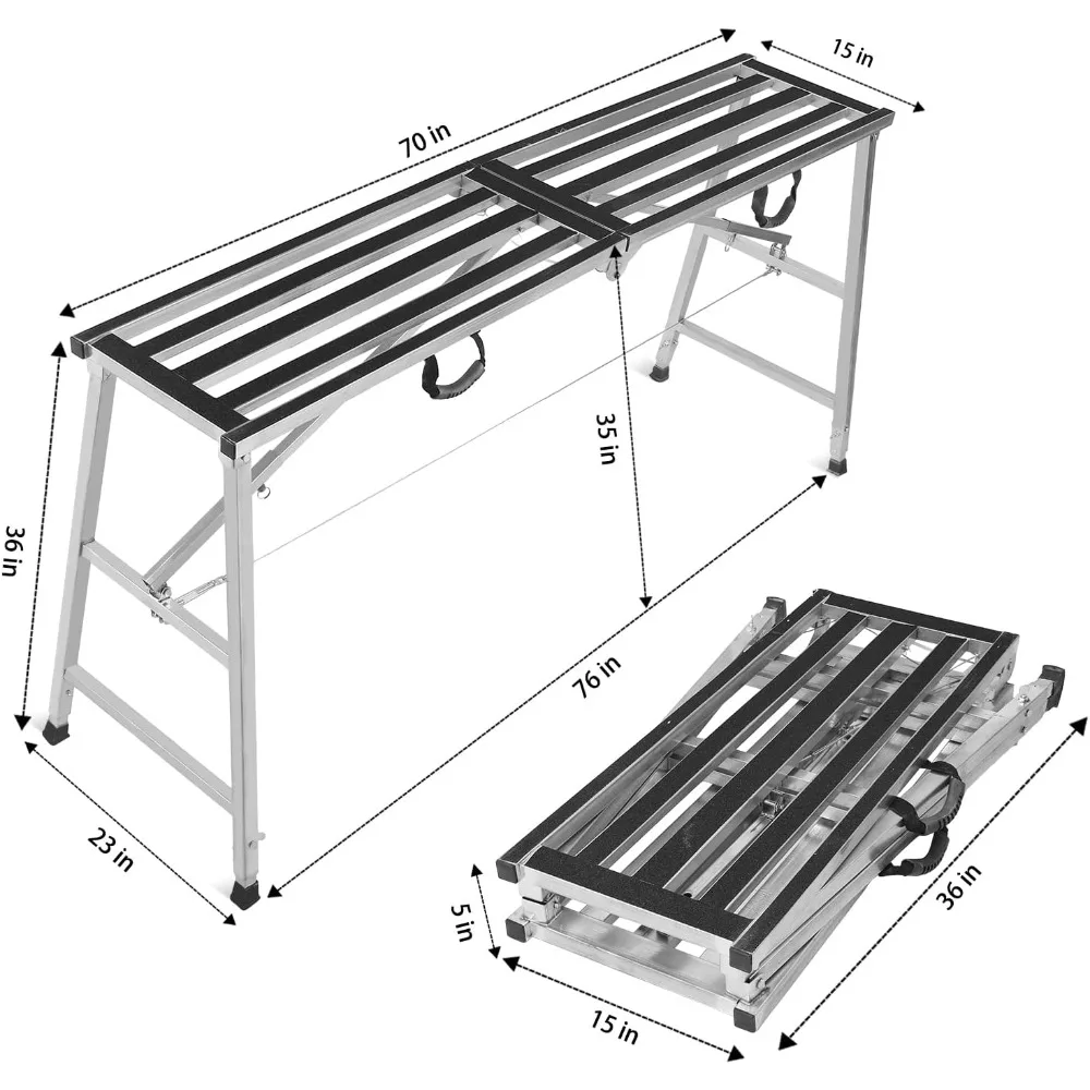 منصة سقالات قابلة للطي بارتفاع قابل للتعديل - سلم فولاذي محمول لإصلاح وصيانة المنزل، بطول 35-55 بوصة