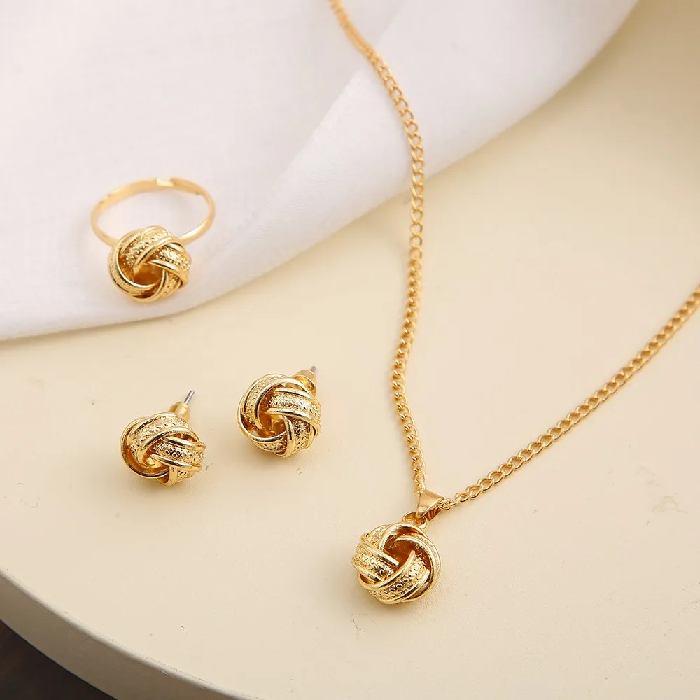 Gold Color Alloy Metal Twist Lucky Knot Earrings Necklace Ring Jewelry Set for Women Girls Trendy Geometric Vintage Accesories