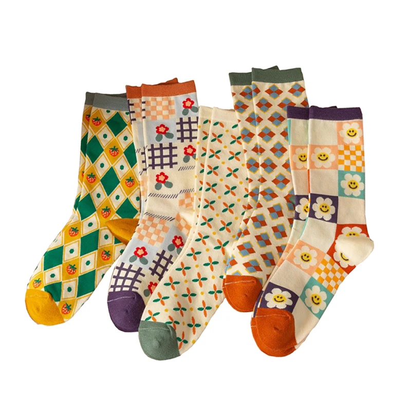 1/5 Paar Damen-Socken mit niedlichem Blumendruck, lange Socken, Wintermode, koreanischer Stil, Streetwear, Kawaii, atmungsaktive Crew-Socken