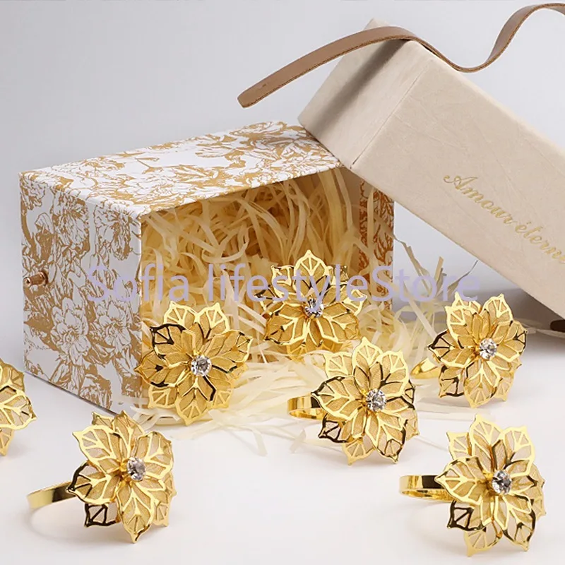 6pcs/12pcs Gold Silver Rhinestone Napkin Ring Chairs Buckles Flower Napkin Holder for Wedding Party Hotel Dinner Table Decor