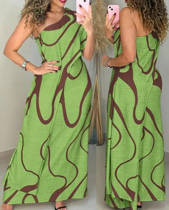 Vestido largo ajustado con un hombro y estampado abstracto para mujer, ropa de mujer, nuevo estilo, informal, de imitación, con abertura de dos piezas