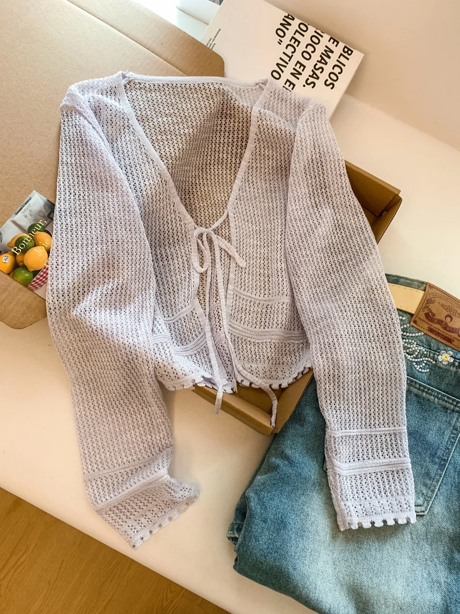 

Sweet Style Hollow out Knitted Summer Sun Protection Shirt Women's V Neck Belted Long Sleeve Thin Cardigan Outerwear Casual L...