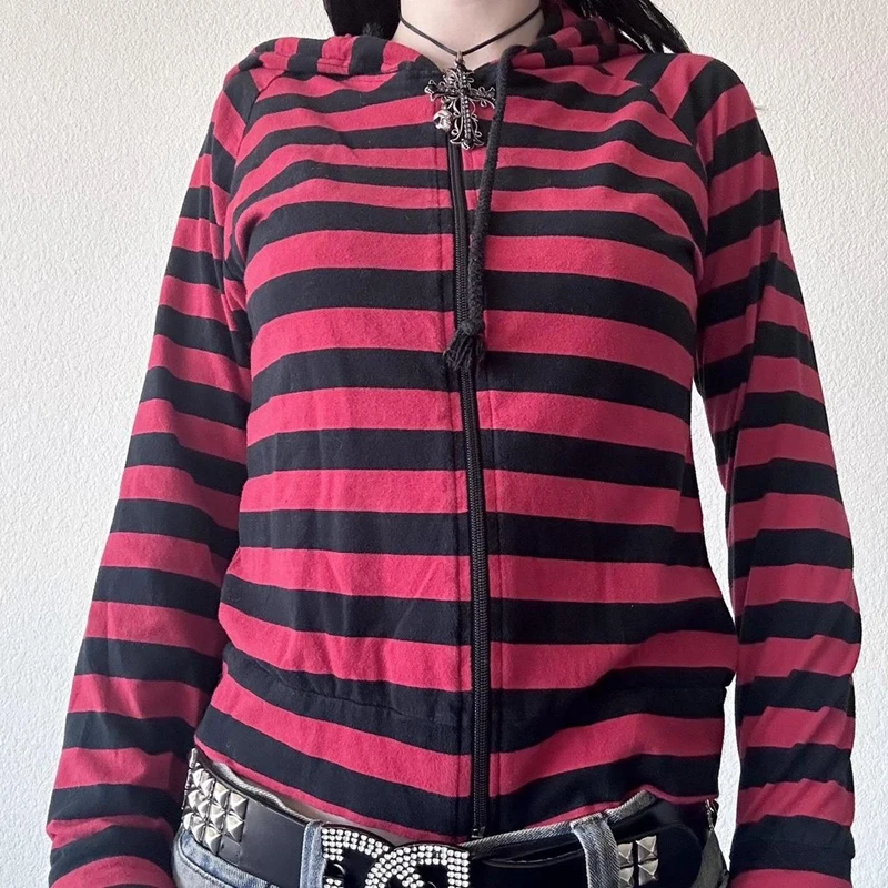 E-girl Gothic Emo Mall Goth Sweatshirts 2000s Retro Y2K Grunge Cyber Scene Striped Zip Up Hoodies Harajuku Jackets Coat Outfits