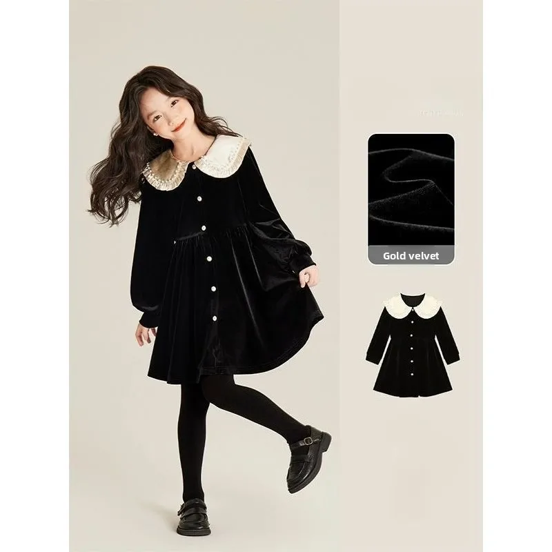 Girl dress velvet temperament black 2025 autumn and winter children's gold velvet princess dress