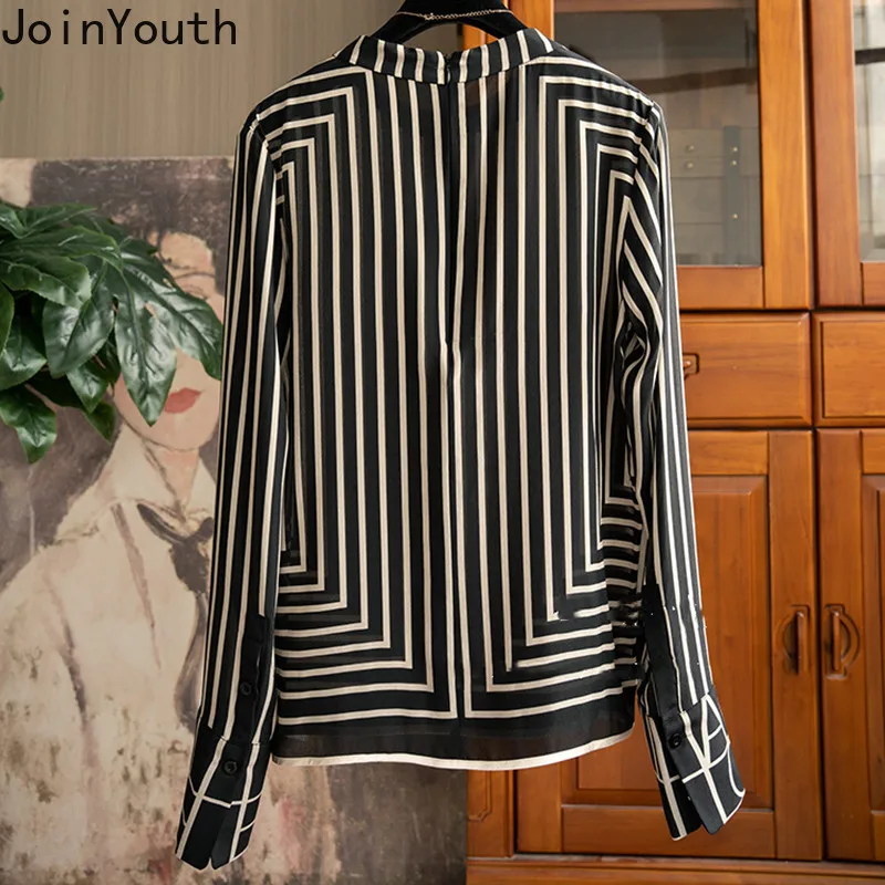 2024 Blusas Mujer De Moda Blouse Women Fashion Striped Print Long Sleeve Shirts Stand Neck Korean Tops Vintage Summer Blouses