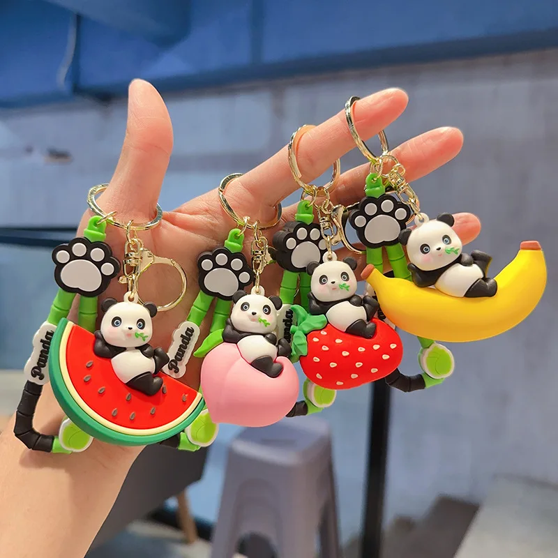 Cartoon Fruit Peach/banana/strawberry/watermelon Panda Doll Keychain Girls Backpack Decoration Charms Kids Toy Birthday Gift