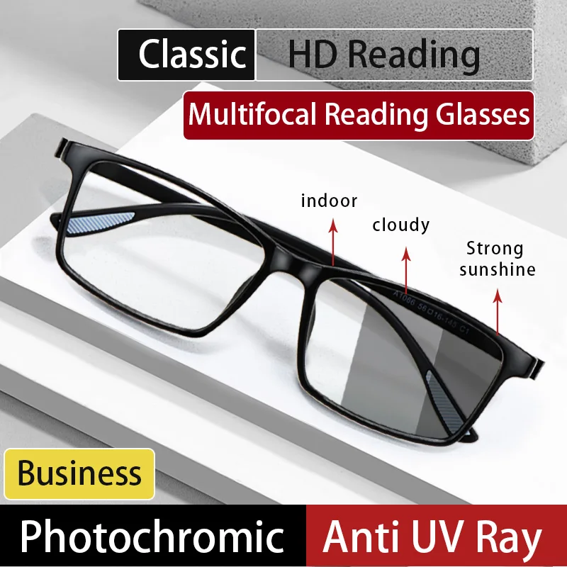 Photochromic Progressive Reading Glasses for Women/Men Readers Glasses Lightweight Eyeglasses Hard Resin Lens