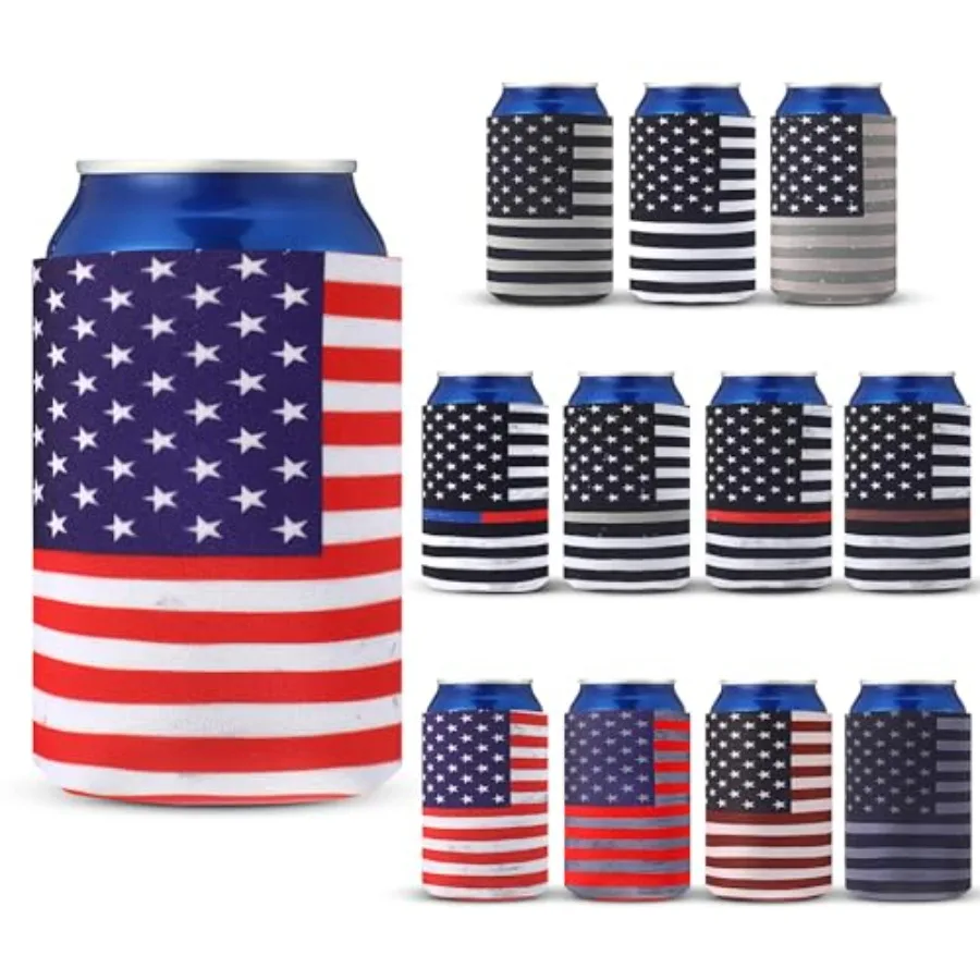 12 Pcs USA Flag Can Cooler Sleeves 4th of July Decorations Red White Blue Supplies for Independence Day 12 oz Insulator Sleeve