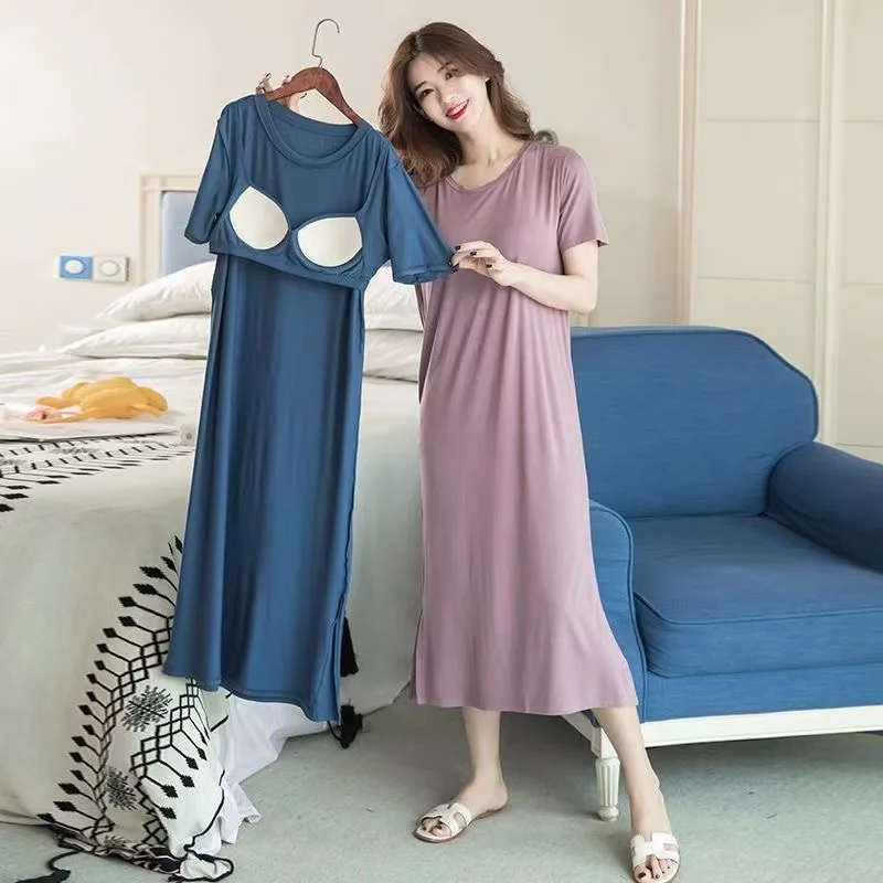 

2024 Modal pajamas for women in summer with thin chest pads, one-piece bra pajamas, summer long, knee length, can be worn extern