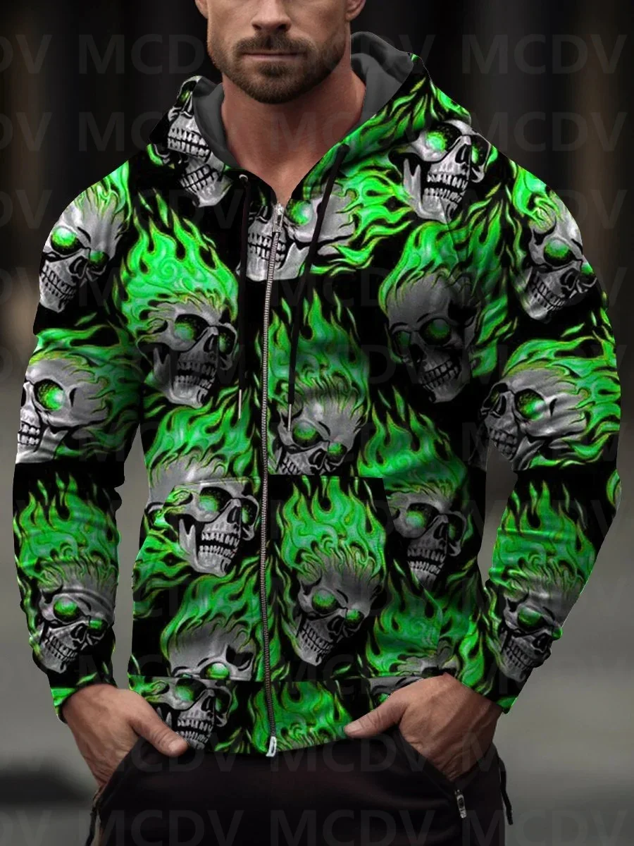 

Men's Multicolor Selection Ghost Skul Casual Print Leaf Zip-Up Hoodie Halloween Zippper Hoodies