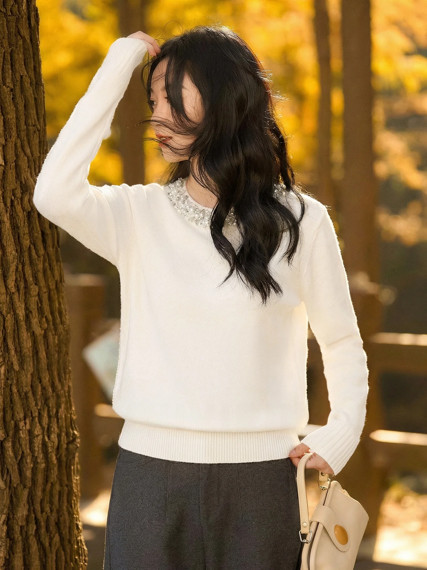 

Модный шерстяной свитер Chivirin с пайетками для женщин, новинка весенней коллекции, облегающий, универсальный, вязаный топ