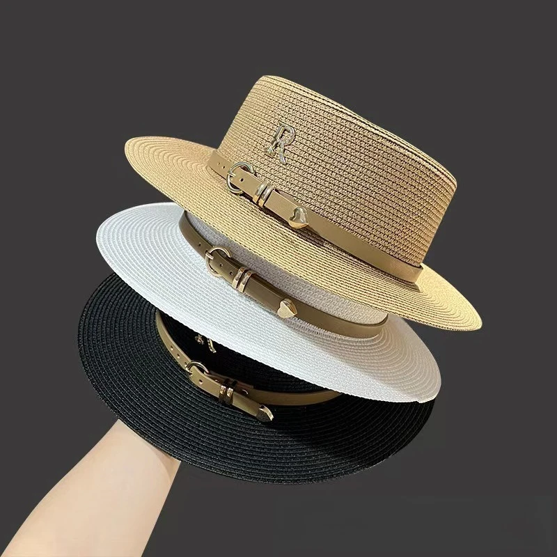 1 unidad Sombrero de sol de verano de paja de copa plana para mujer, con letra R de metal, tipo bucket, para playa y vacaciones, 모자