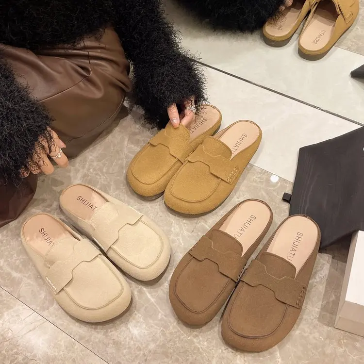 House Slippers Platform Fur Shoes Flock Slides Cover Toe Med Plush Genuine Leather Flat with fur Rubber Rome PU Short Shoes Wome