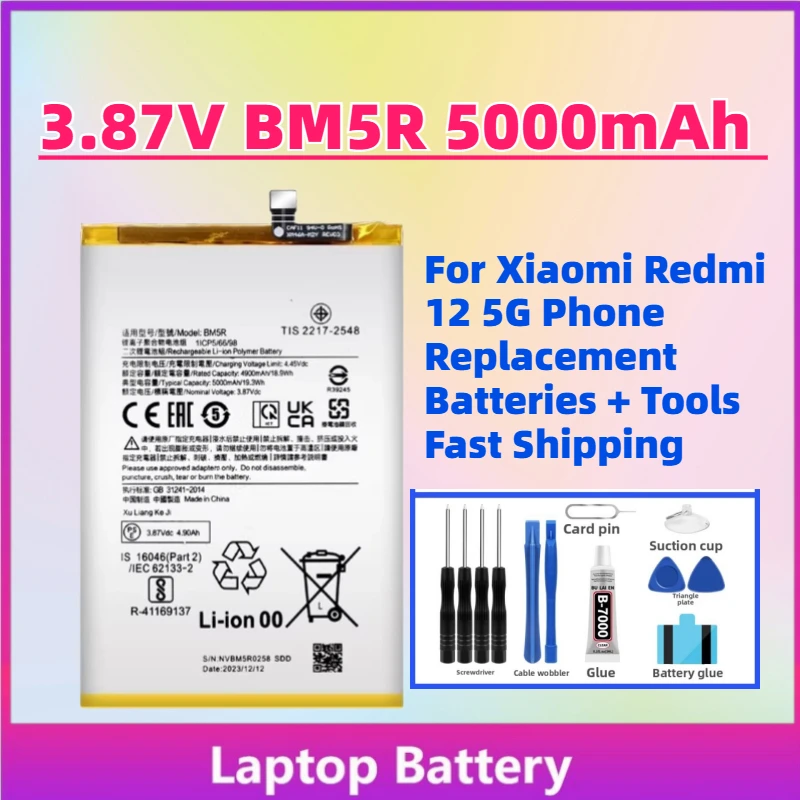 

In Stock Upgrade 3.87V BM5R 5000mAh Rechargeable Battery For Xiaomi Redmi 12 5G Phone Replacement Battery + Tools Fast Shipping