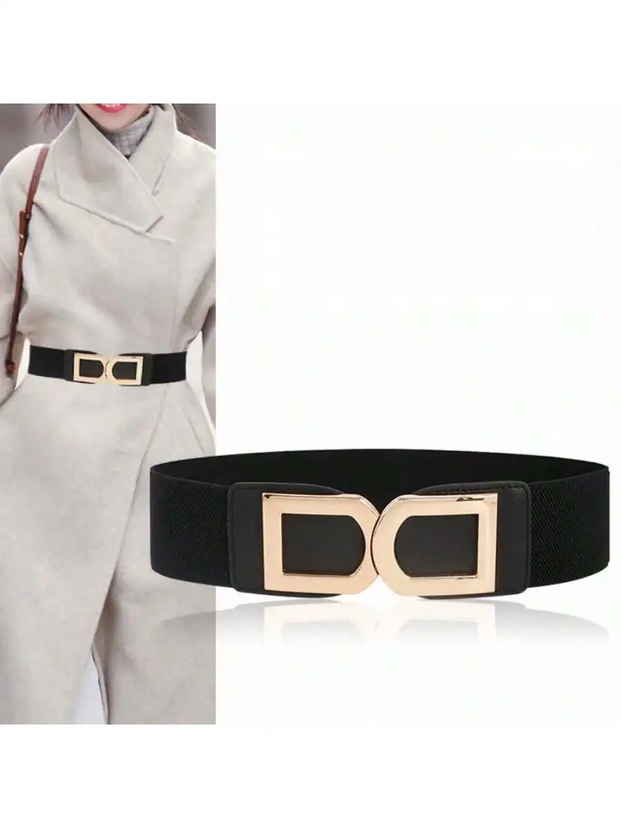 1pc black light luxury casual double D metal buckle elastic dress with wide waist belt dress with all-match decorative belt