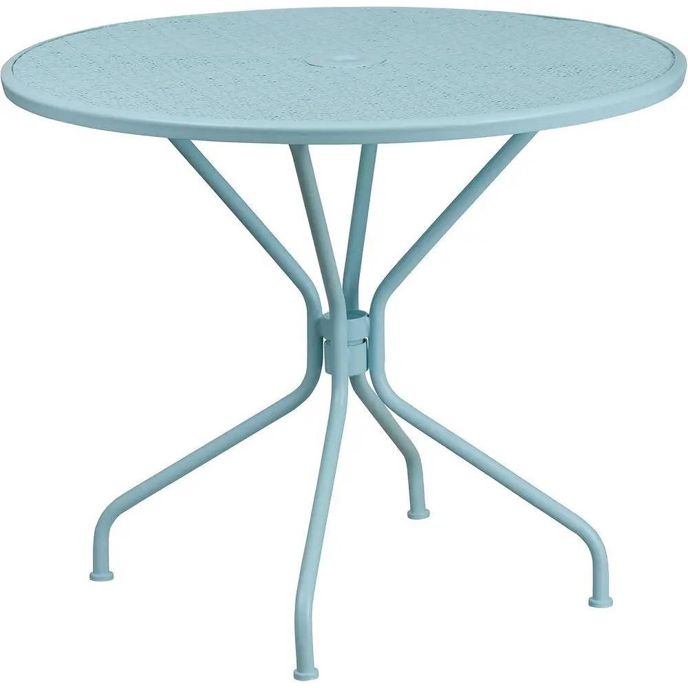 

Коммерческий стальной стол Oia для патио, круглый, 35,25 дюйма, небесно-голубой, для использования в помещении и на улице, с отверстием для зонта