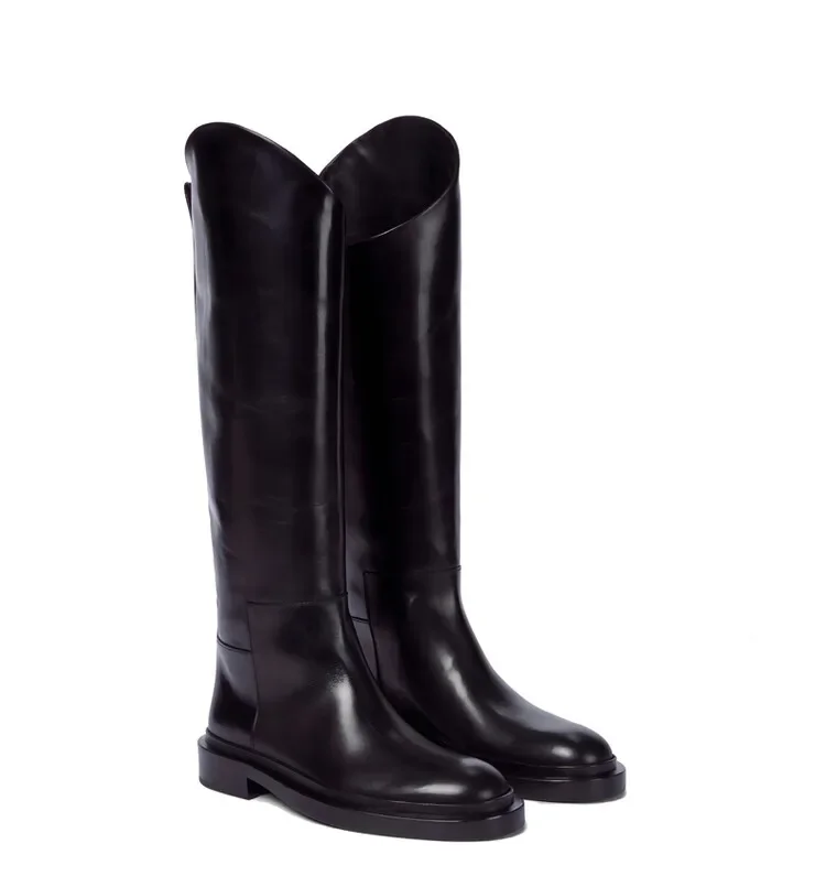 

2024New Autumn and Winter Fashion Flat Leather High Boots with Round Toe and Knee Length Boots, Size 46 Women's Knight Boots