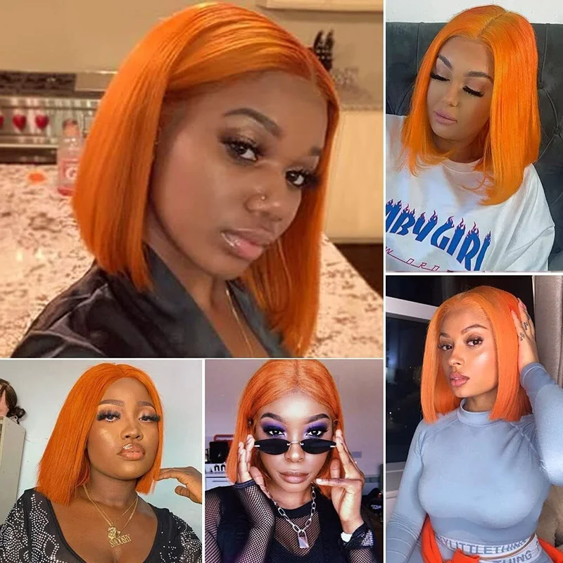 Short Bob Straight Orange Wigs 13x4 Lace Front Wigs  Hair Glueless Soft Wig