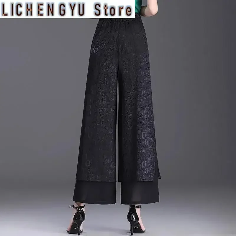 Double Layer Jacquard Chiffon Wide Leg Pants Female Side Split Thin Pants Summer High Waist Trousers Ladies Casual pants