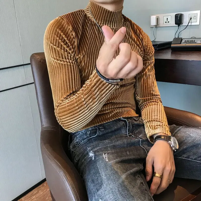 Mid Collar Men's Velvet Striped Long Sleeve T Shirt Slim Fit Warm Autumn Inner Wear Trendy Guy New Style