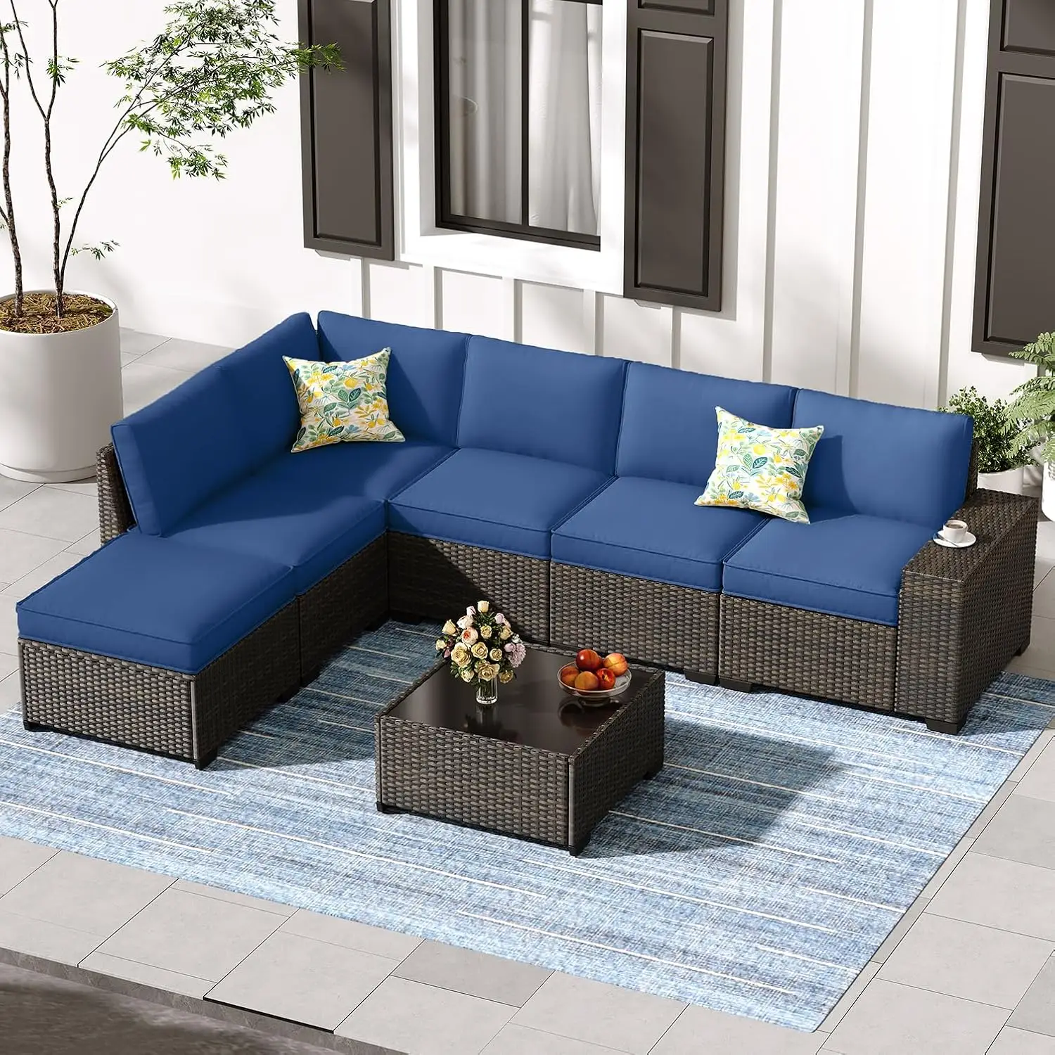 7-Piece Wicker Sectional Sofa Set Cushions Glass Table Ottoman All-Weather Rattan Patio Furniture Porch Garden, Customized
