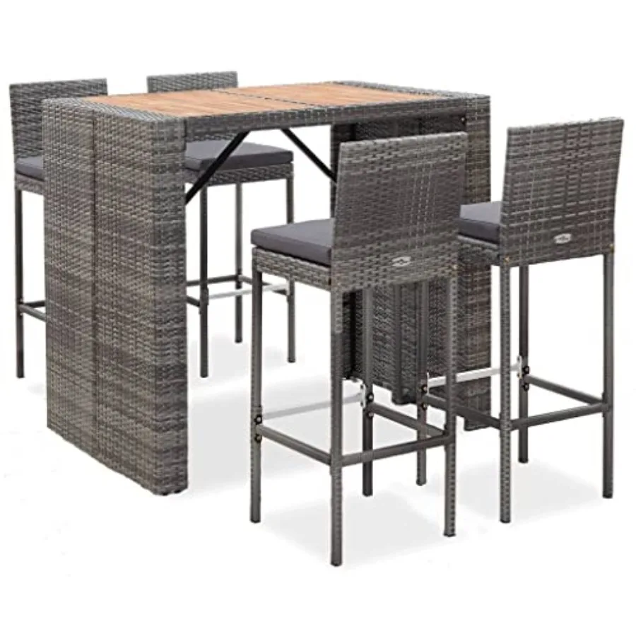 

5-Piece Outdoor Bar Set, Grey PE Rattan High Table with 4 Cushioned Stools, Compact Garden Patio Furniture for Dining, Balcony,