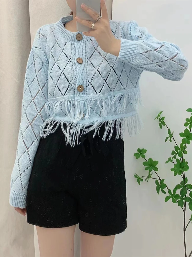 Colorfaith New 2022 Korean Fashion Tassel Cutout Sweaters Women Autumn Winter Short Cardigans Vintage Elegant Tops SWC3818JX