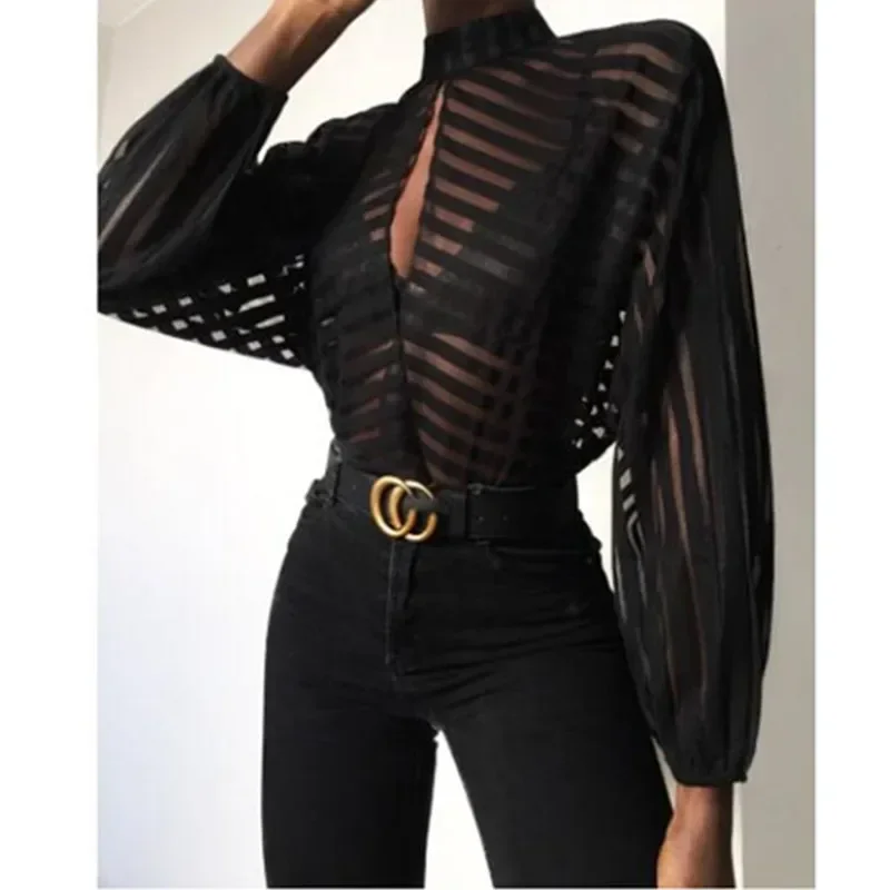 

Women Mesh Net Blouse Sheer Long Sleeve Ladies Shirt Black Front Hollow Sexy Tops Womens Clothing Summer Female Blouses Hot 2025