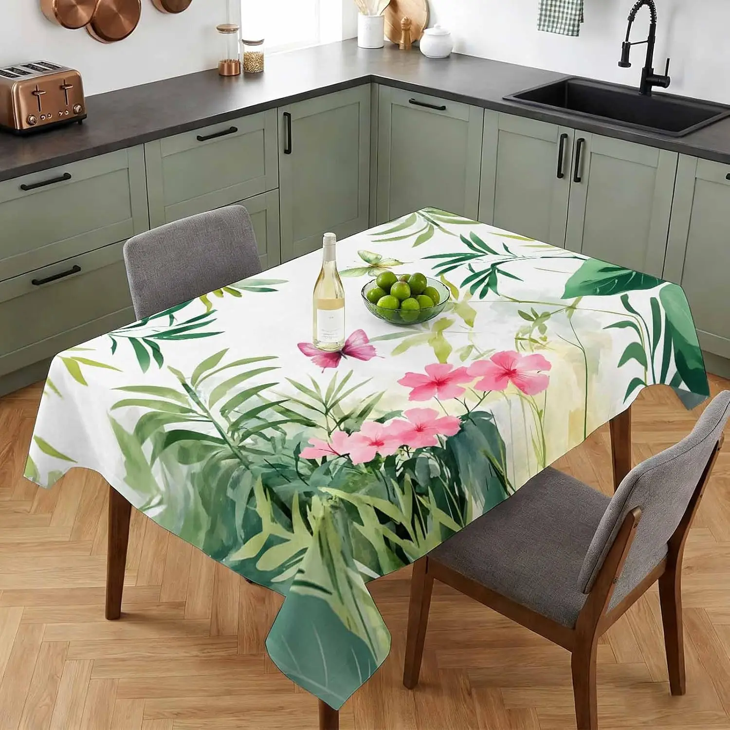 Summer Green Leaves Wildflower Butterfly Tablecloth for Table Decor Tropical Leaf Flowers Plants Kitchen Table Cloth Party Decor