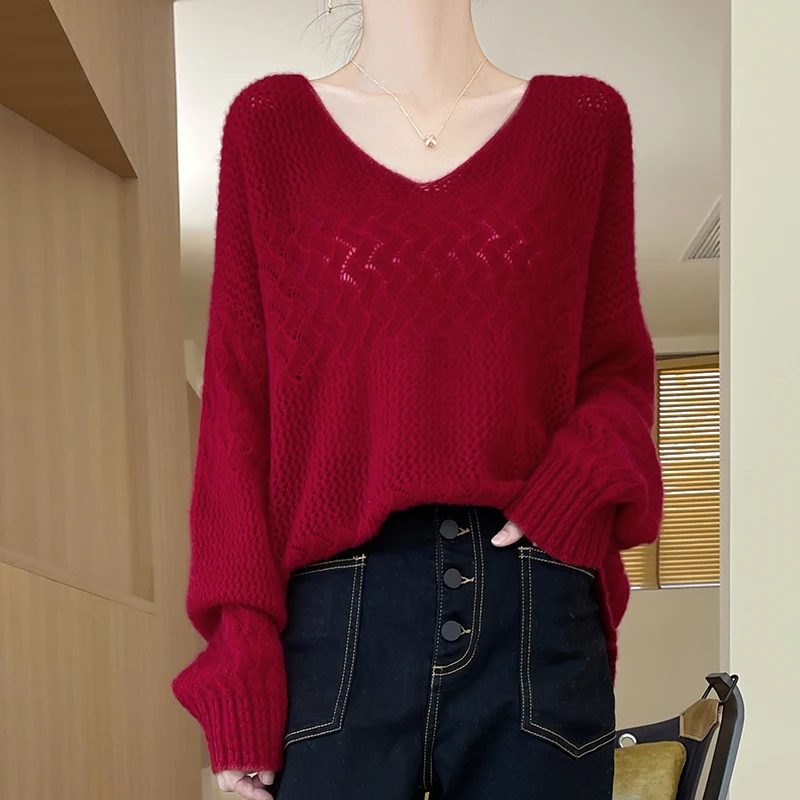 V-Neck Hollow Hook Flower 100% Wool Sweater Women's Pullover Long Sleeved Knitted Sweater Loose Slimming Lazy Style Sweater