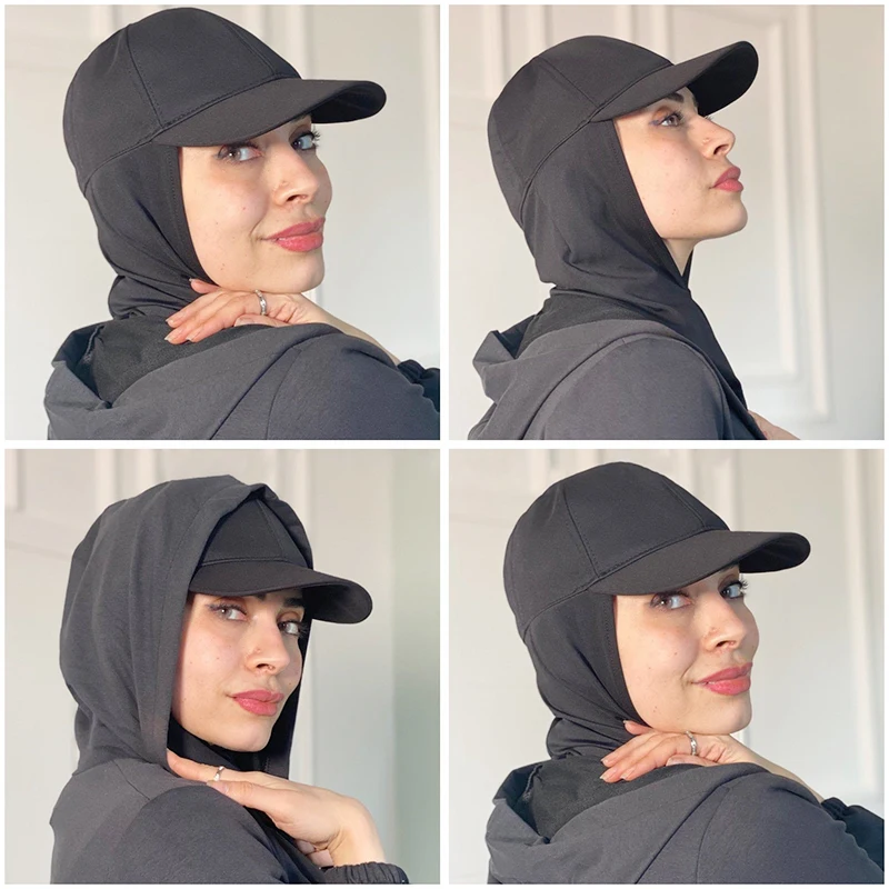 Hijab Sifon Wanita Muslim dengan Topi Bola Dasar Topi Olahraga Musim Panas dengan Hijab Sifon Siap Dipakai Hijab Olahraga Sifon Instan