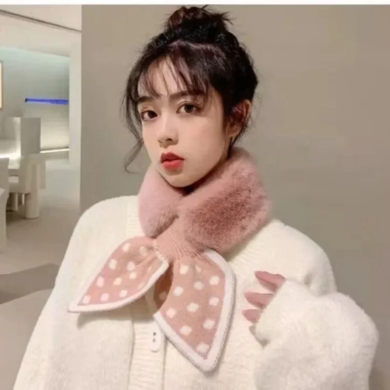 

Scarf Korean Autumn Winter Solid Color Plush Unisex Warm Neck Protection Imitation Rex Rabbit Fur Cross Scarf Collar Female