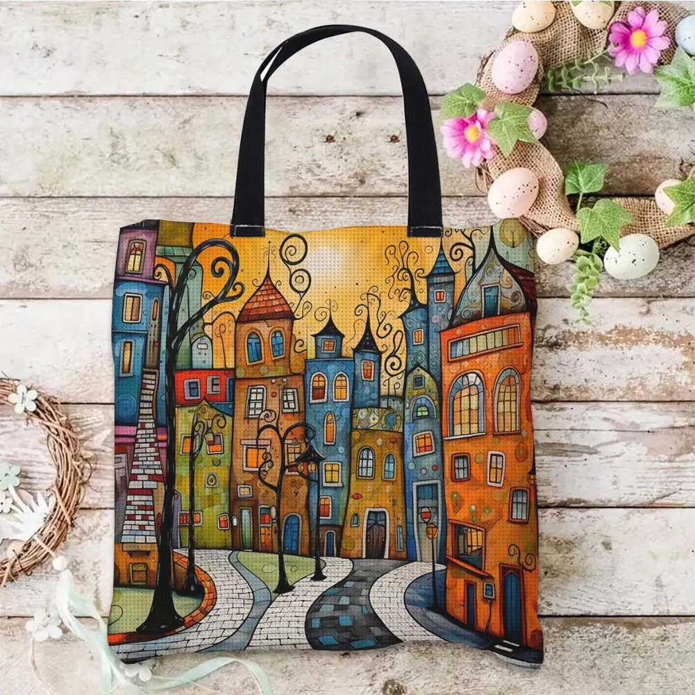 11CT Colorful House Cross Stitch Canvas Tote Bag Embroidery Kit Personalized Bag Manual Cross Stitch Handbag Gift for Friends