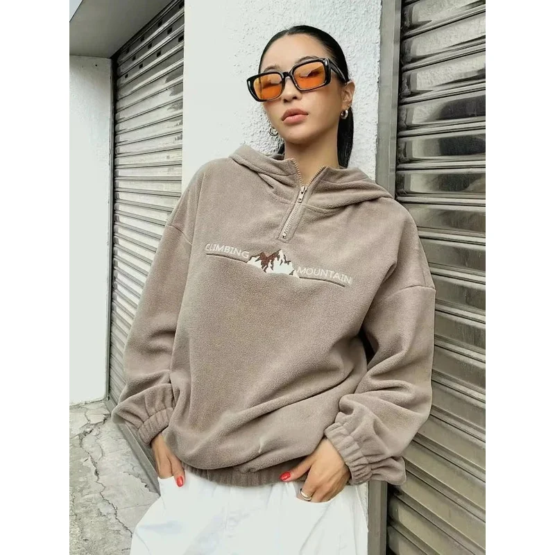 패션 플리스 지퍼 풀오버 탑 빈티지 옷 가을 겨울 자수 스트리트 기본 후드티 신상 여성 후드 스웨트셔츠
