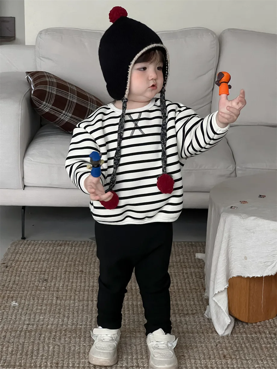 2024 Winter New Baby Plus Velvet Thick Sweatshirt Set Boys Girls Striped Bottoming Shirt + Pants 2pcs Suit Infant Fleece Outfits image 5