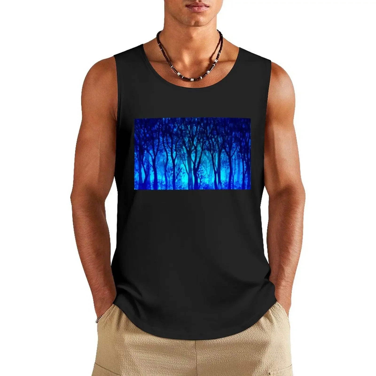 

Neon Blue Enchated Forest Watercolor Painting Tank Top Man gym clothes Short sleeve