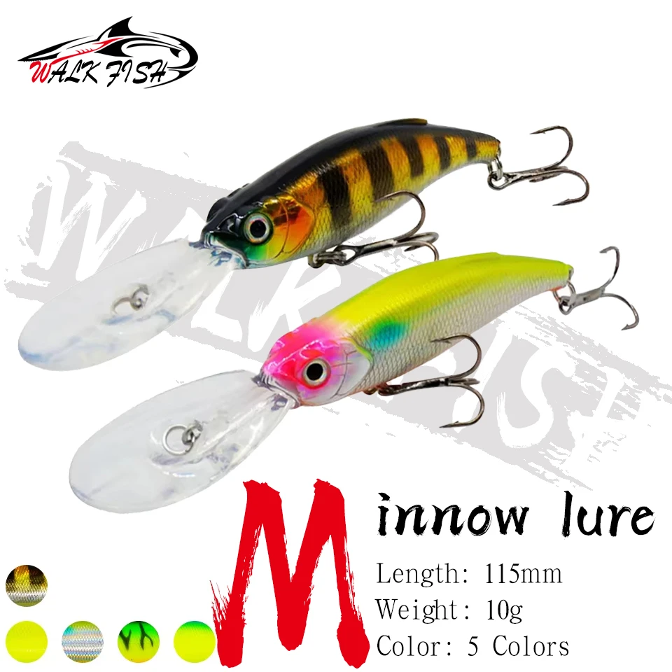 WALK FISH 1 Stück 115 mm 10 g Angelköder Minnow 3D Fisheyes Swimbait Wobbler Tauchtiefe 2–4 m 2 Haken Künstlicher harter Köder Forelle