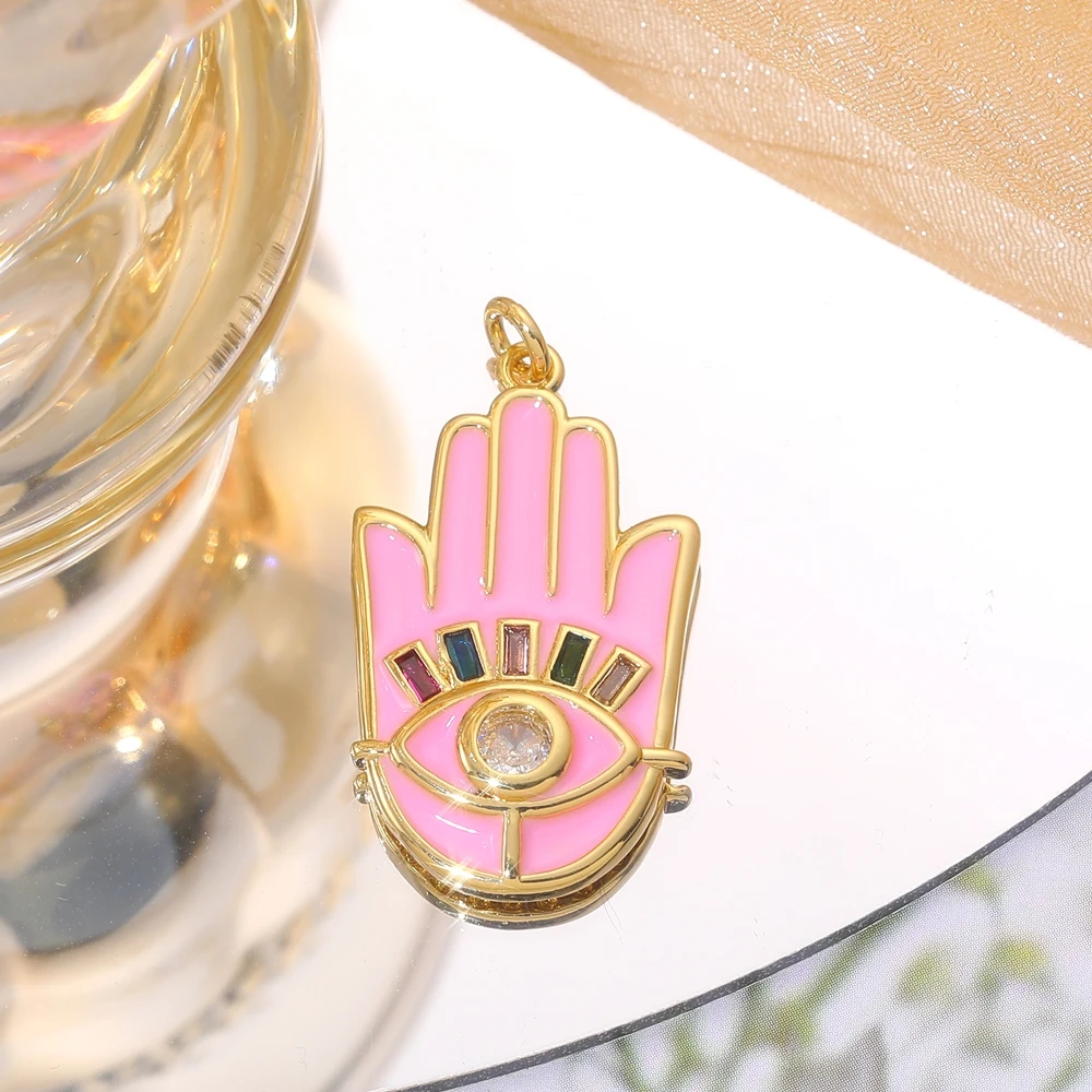 Juya 18K vergoldete Luxus-Anhänger mit Regenbogen-Zirkonia, Stern, Libelle, Baum des Lebens, Biene, Liebesherz, rundem griechischem Bösen-Auge-Charm – Detail 8
