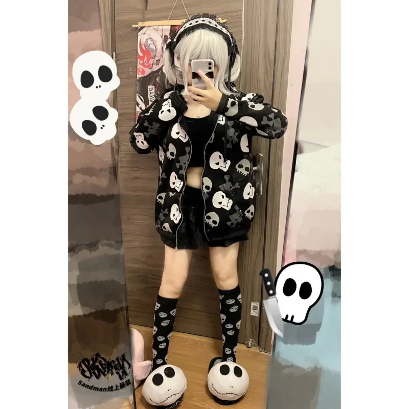 Autumn Winter Harajuku Grunge Vintage Zip Up Hoodies Women Gothic Skull Print Japanese Fashion Sweatshirt Streetwear Y2k Clothes