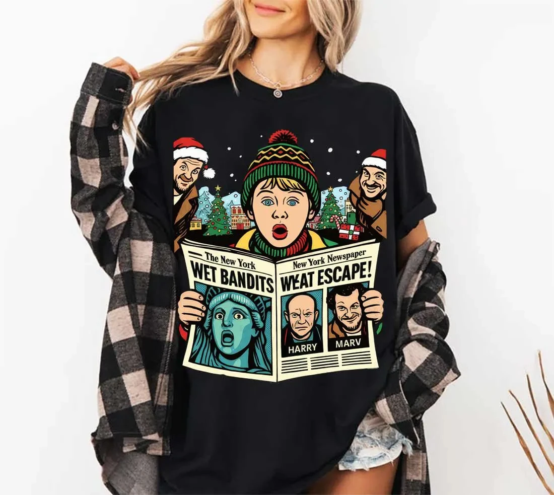 Wet Bandits Newspaper Christmas Movie T Shirts, Funny 90s Christmas Movie T Shirts