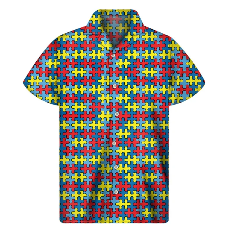 Autism Awareness Puzzle 3D Print Aloha Shirt Men Women Summer Hawaiian Shirts Tops Street Lapel Blouse Button Short Sleeves