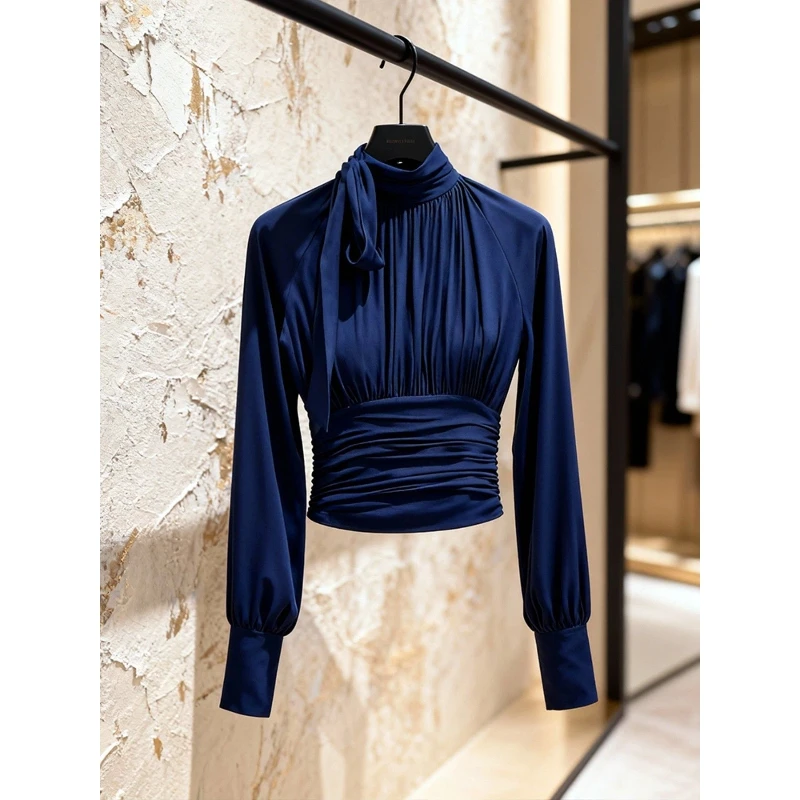 Spring Autumn Short Pleated Lacing Temperament Tops Women Clothing Long Sleeve Solid All-match Elegant T Shirts Office Fashion