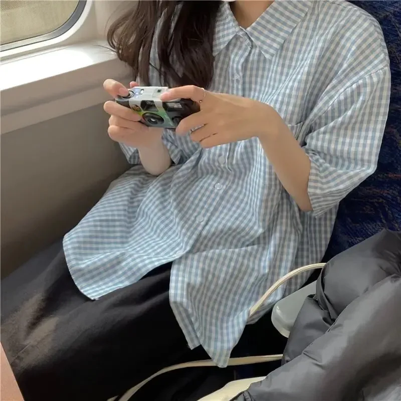 قمصان منقوشة للنساء الشباب التنقل جيب جديد الصيف الخريف قصيرة الأكمام بلايز العطاء محب خمر النمط الأمريكي