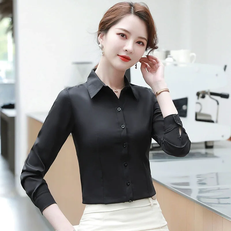 

Elegant Women Black White Shirts Korean Slim Long Sleeve Office Lady Work Blouse 2025 Autumn New Fashion OL Basic Shirt Clothing