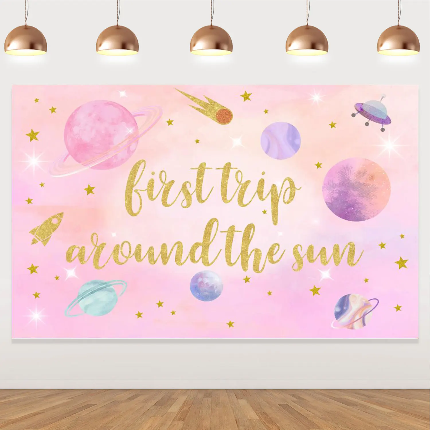 

Birthday Decorations Backdrop for Girls, First Trip Around the Sun, Baby Shower, Pink, Purple, Planet Space, Party Photo Backgro