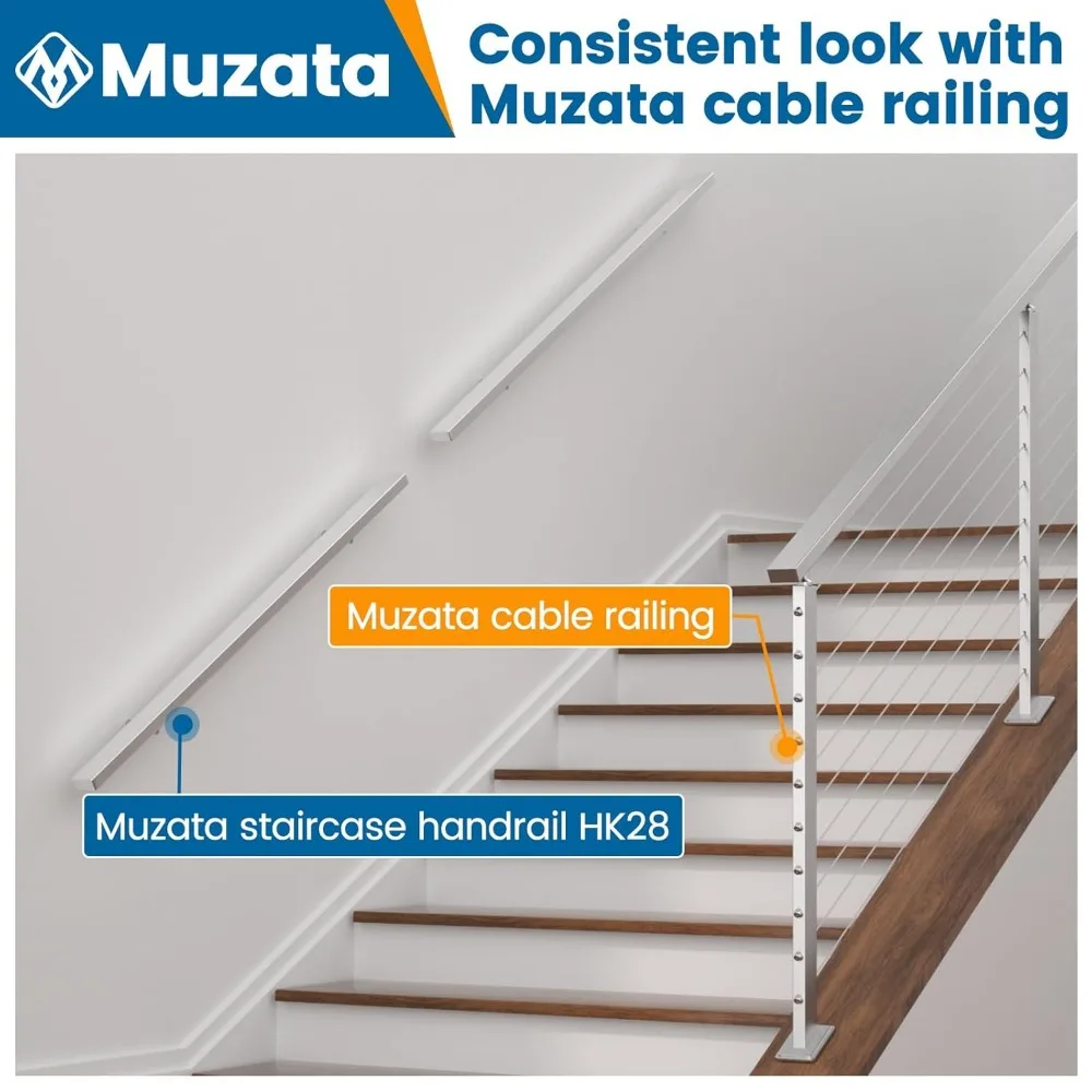 Muzata 5Ft درابزين درج محفور مسبقًا 1x2 درابزين مستطيل مصقول مثبت على الحائط من الفولاذ المقاوم للصدأ قضيب يد آمن داخلي Outd