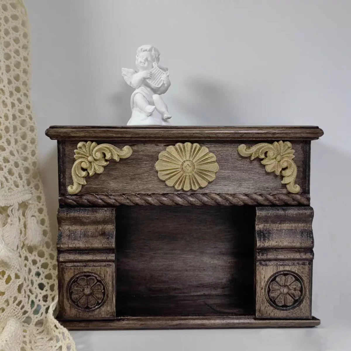 Home Decoration Accessories Unpainted Wood Carved Decal Corner Onlay Solid Wood Applique Furniture Vintage Horn Flower Decal