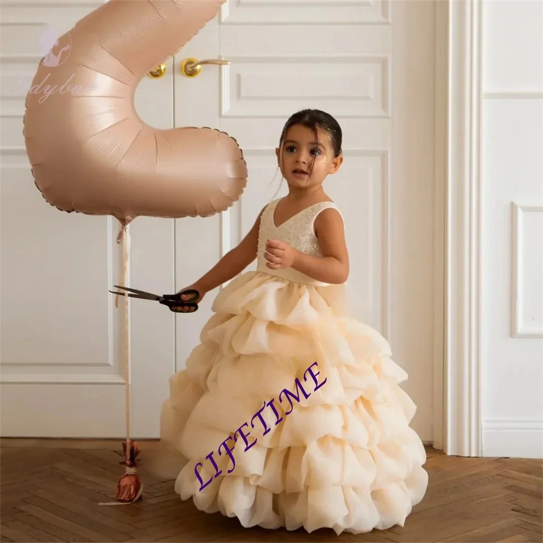 

Sequined Cute Flower Girl Dresses For Wedding Backless Tiered Wedding Party Dress Formal Occasion Birthday CustomizedCustomized