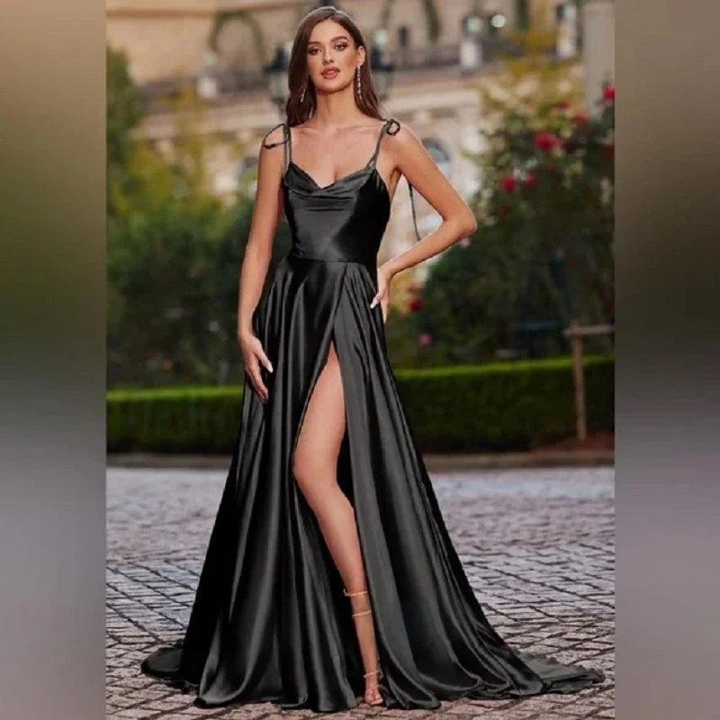 

Sexy High Split Prom Dresses Maxi Train Spaghetti Straps Sleeveless Backless Evening Dress Satin A-Line Empire Club Party Gowns